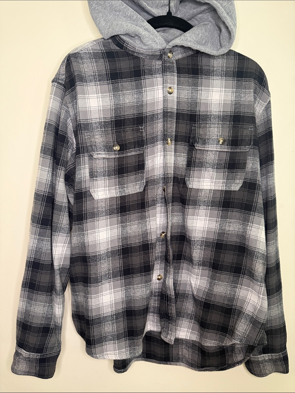 American Eagle Outfitters Gray and Black Plaid Button-Down Shirt with Hood